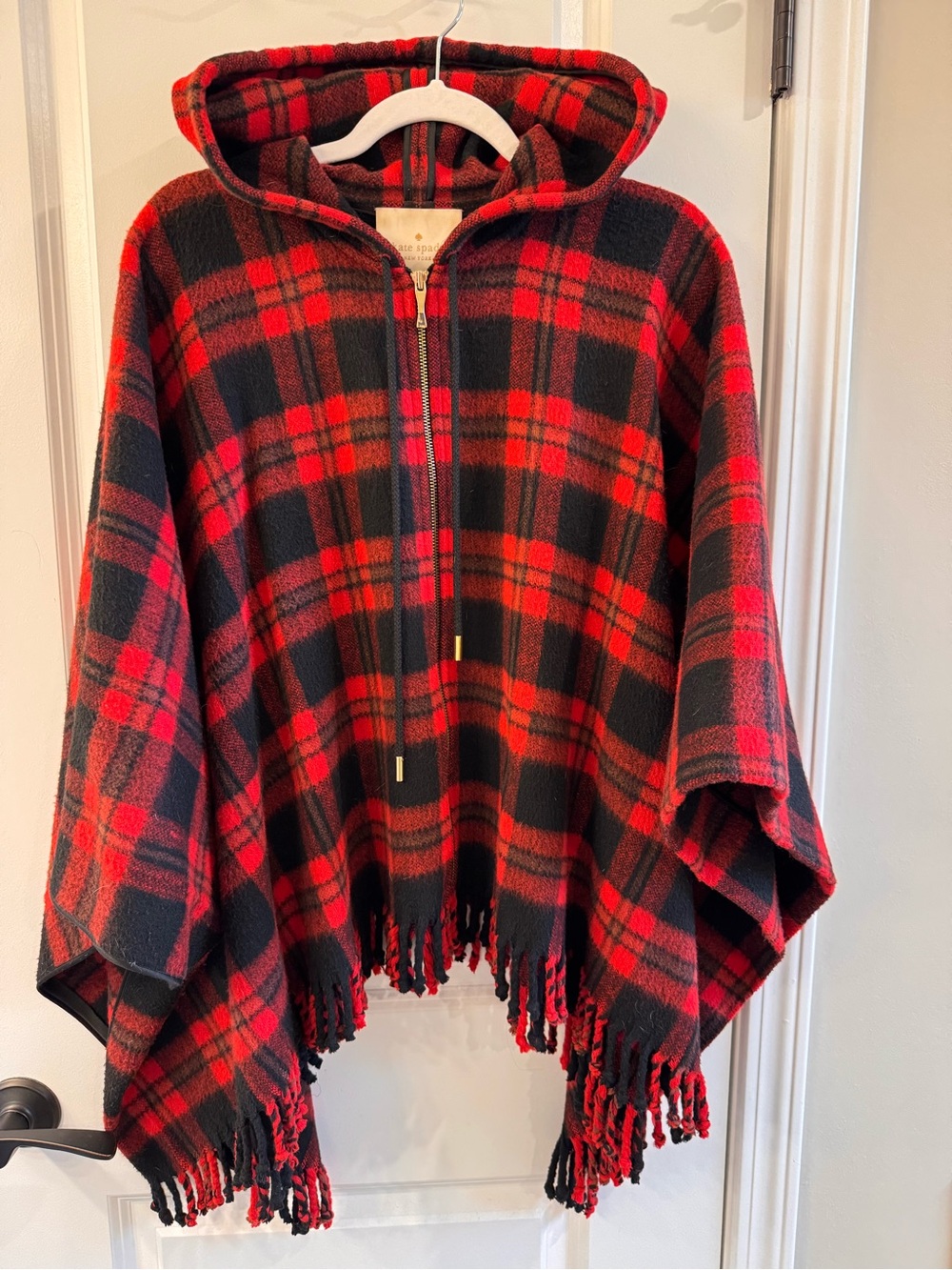 kate spade Red and Black Plaid Hooded Fringe Cape